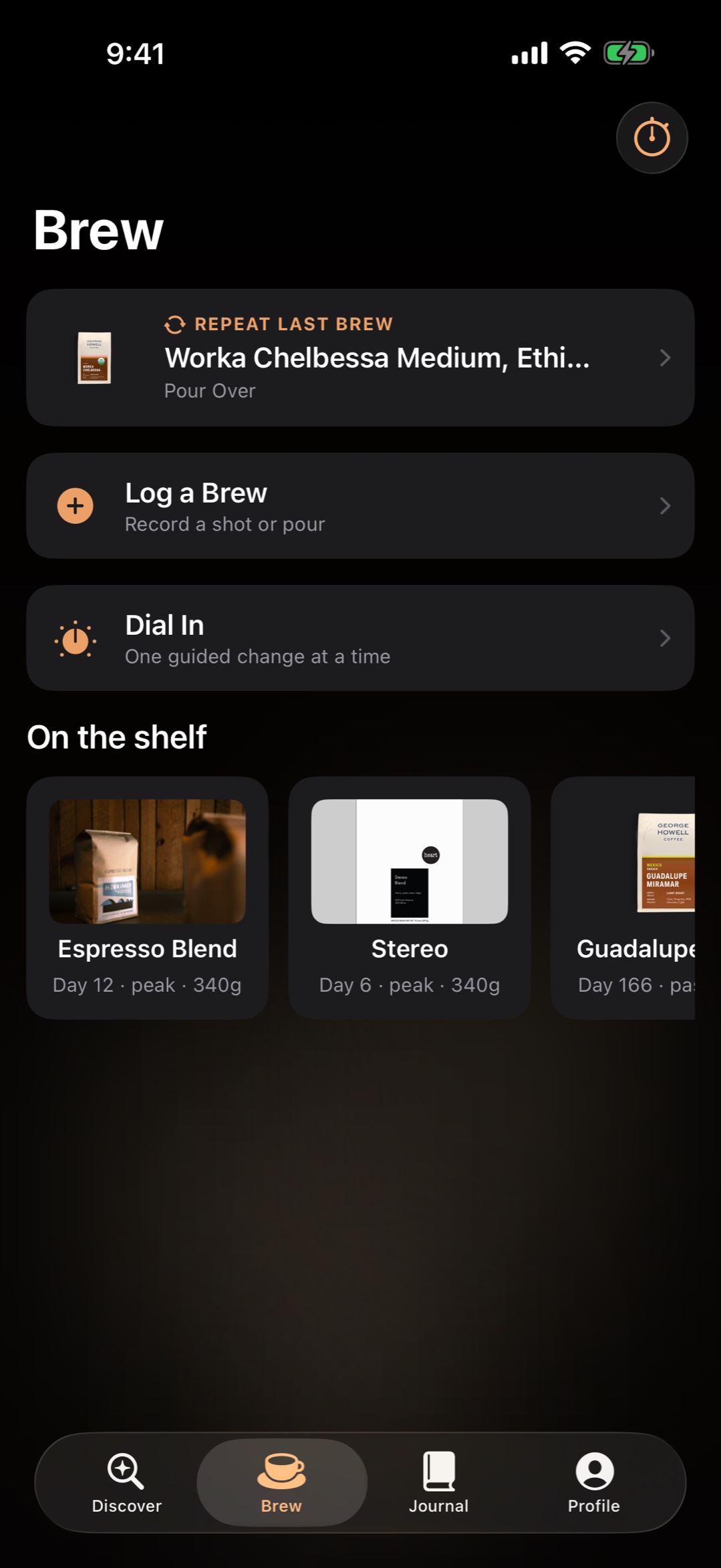Brew screen: a Repeat Last Brew card, Log a Brew and Dial In shortcuts, and an 'On the shelf' row of open bags showing days off roast, freshness and grams left.